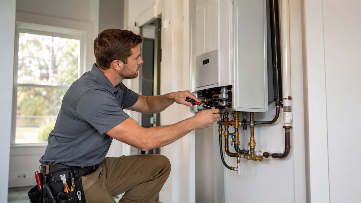 man installing tankless water heater in livonia - Dan Wood Plumbing, Heating, Cooling, Electrical man installing tankless water heater in livonia